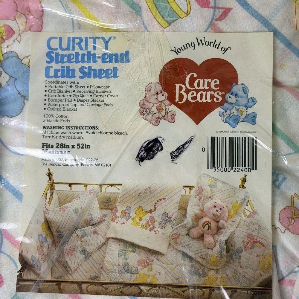 VTG 2 Bassinet Fitted Sheet & 1 Pillow Case CARE BEAR Baby Bedding 1980s